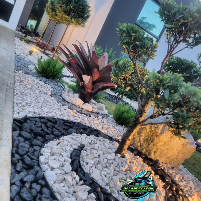 Diseño en curvas de piedra blanca y negra con bromelias y árboles